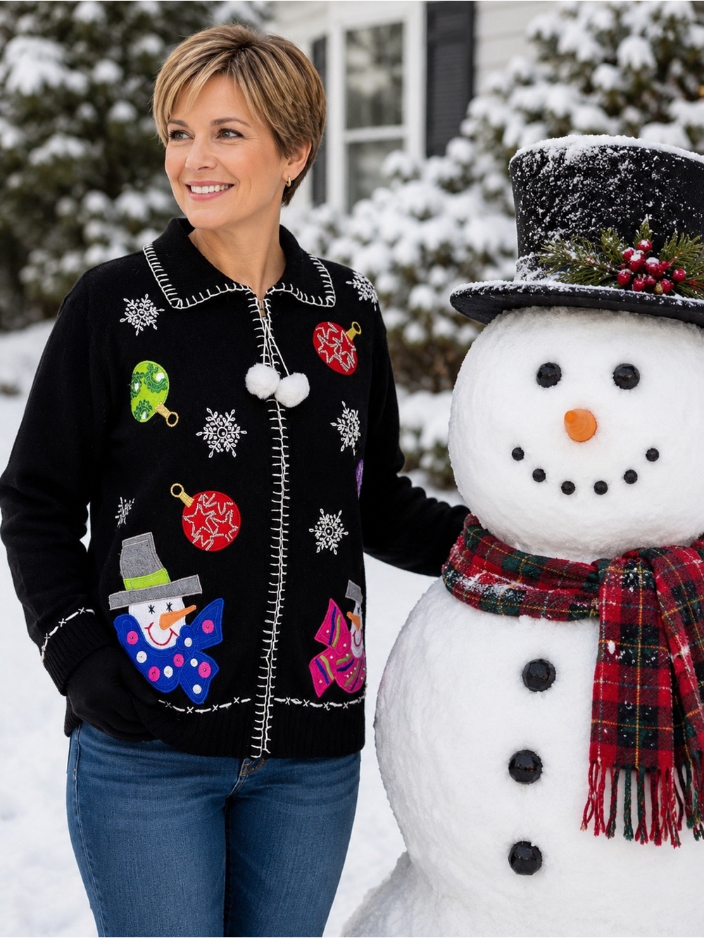 Ugly Christmas Sweater Funny Snowmen and Ornaments Woman’s L Crystal Kobe